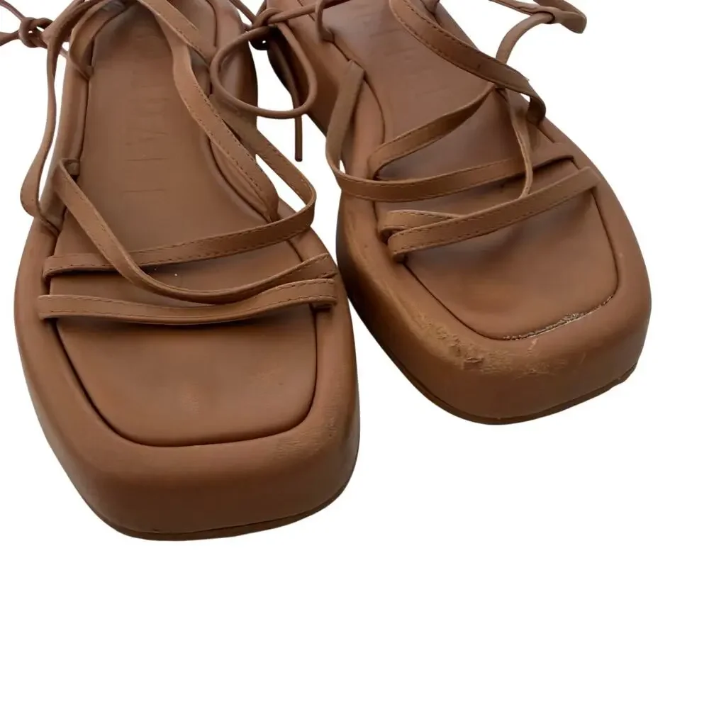 Loeffler Randall (6.5) Beau Dark Sand Leather Wrap Tie Platform Sandals